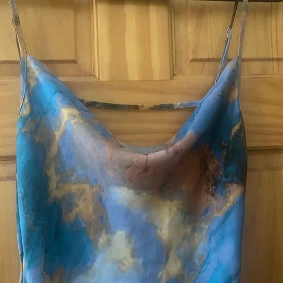 Micas Marble Print Satin Slip Dress Blue Brown Cowl Neck Midi Size M - Picture 3 of 13